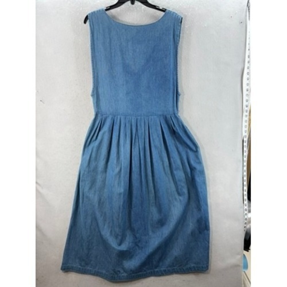 VTG Denim Jumper Dress Blue Embroidered Birdhouse Button Front Mid - Picture 9 of 10